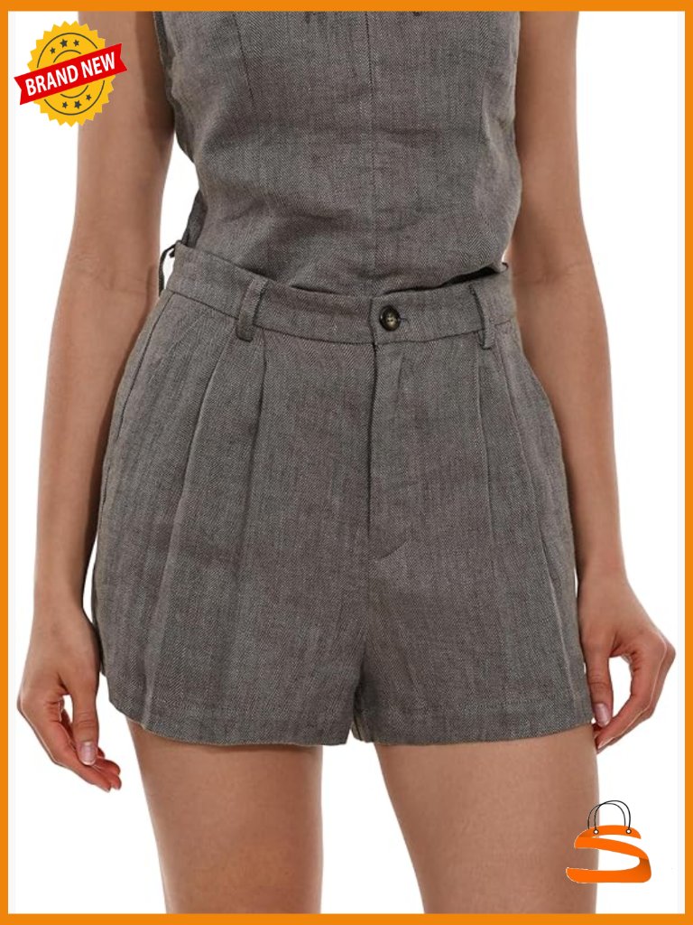 Women's Linen Wide Leg Pleated Shorts With Pockets Casual Summer